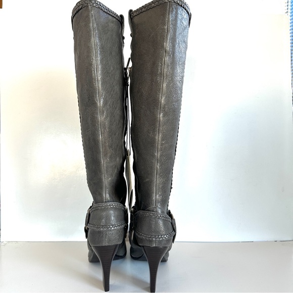 FRYE VICKI TALL GRAY DISTRESSED HARNESS BRAIDED LEATHER HIGH HEEL BOOTS NWT! Sz6 - Picture 3 of 13